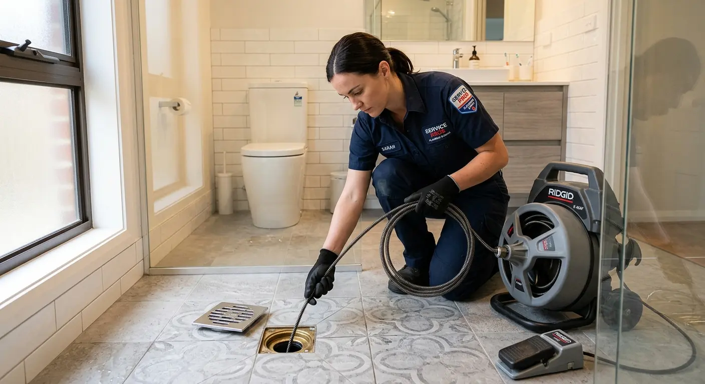 Technician clearing a bathroom floor drain for Sewer Line Replacement in Avondale